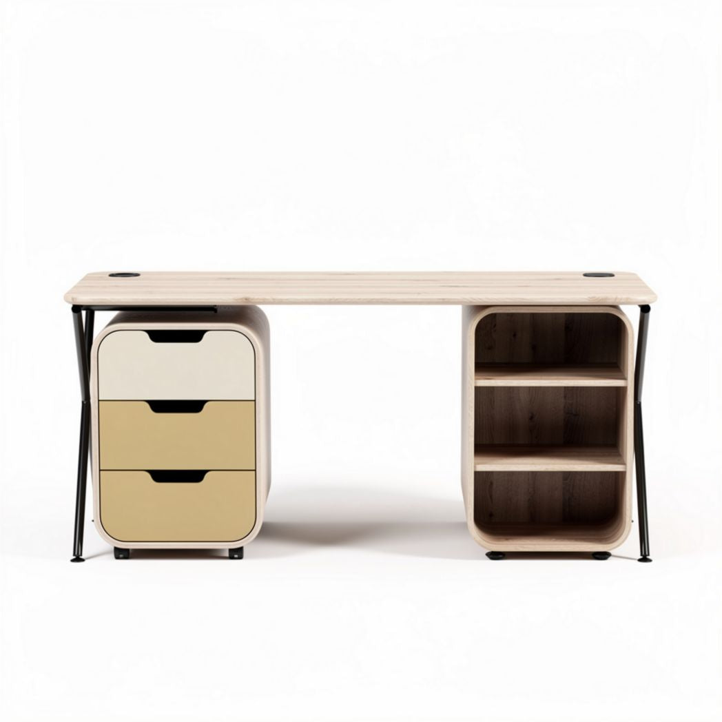 Modern wooden desk with storage drawers and open shelves 150 x 60 x 75cm
