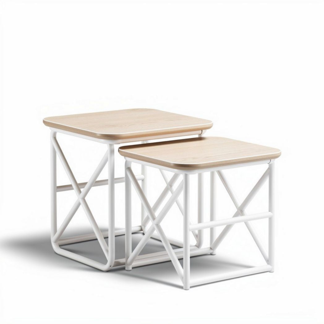 Wood and metal nested side tables set in natural finish 50 x 50 x 50cm