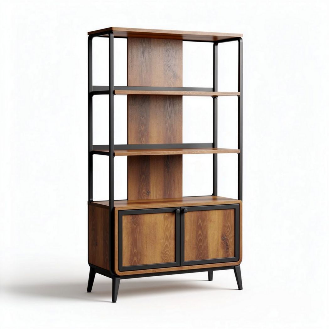 Wooden bookshelf with metal frame and cabinet dimensions 80 x 40 x 180cm